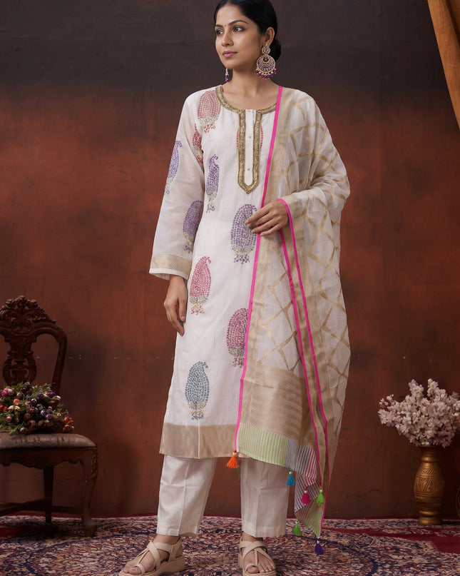 Off White Pure Chanderi Salwar Suit