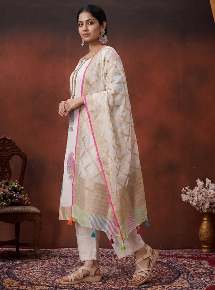 Off White Pure Chanderi Salwar Suit