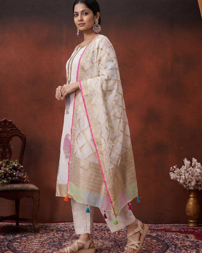 Off White Pure Chanderi Salwar Suit