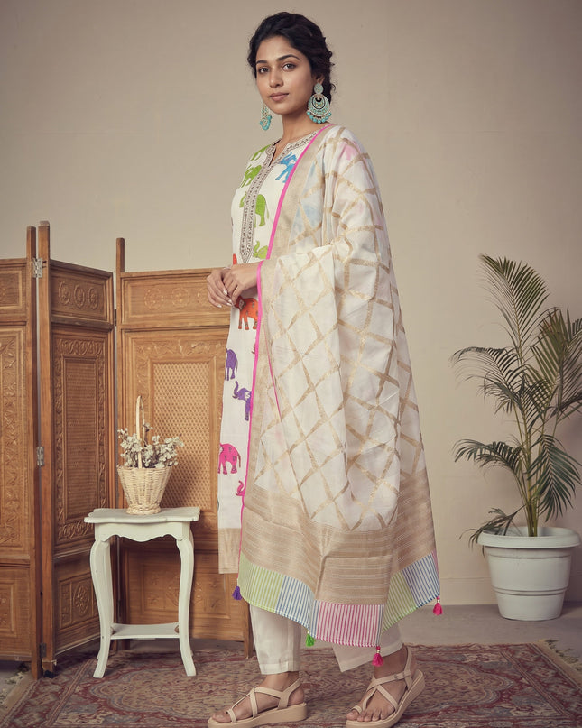 Off White Pure Chanderi Salwar Suit