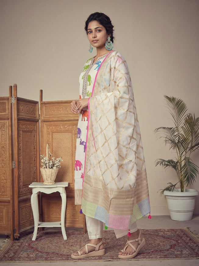 Off White Pure Chanderi Salwar Suit