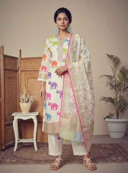 Off White Pure Chanderi Salwar Suit