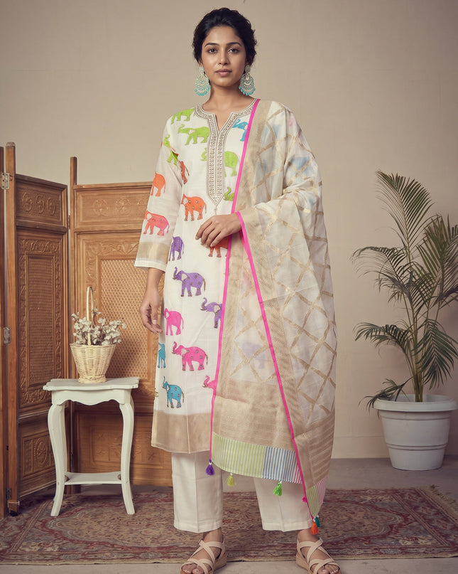 Off White Pure Chanderi Salwar Suit