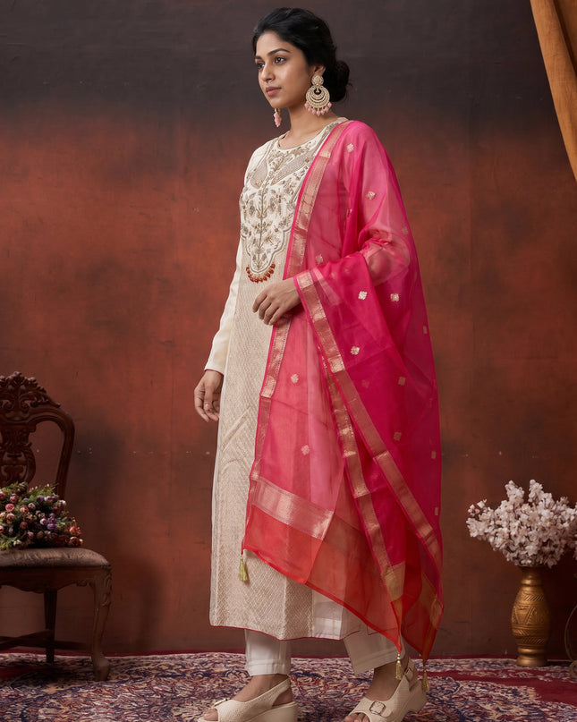 Off White-Red Pure Chanderi Anarkali Suit
