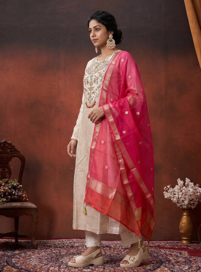 Off White-Red Pure Chanderi Anarkali Suit
