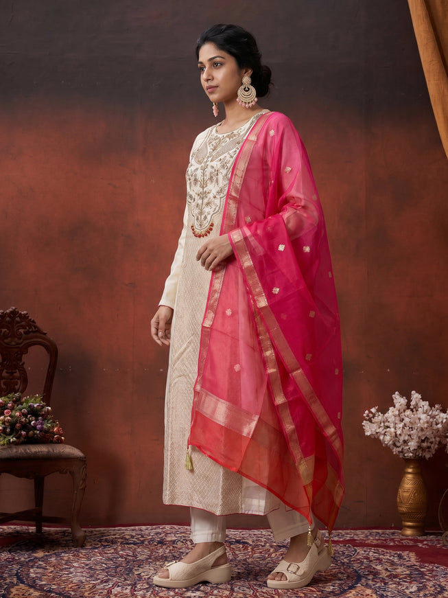 Off White-Red Pure Chanderi Anarkali Suit