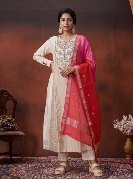 Off White-Red Pure Chanderi Anarkali Suit