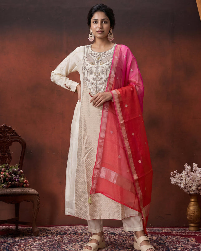 Off White-Red Pure Chanderi Anarkali Suit