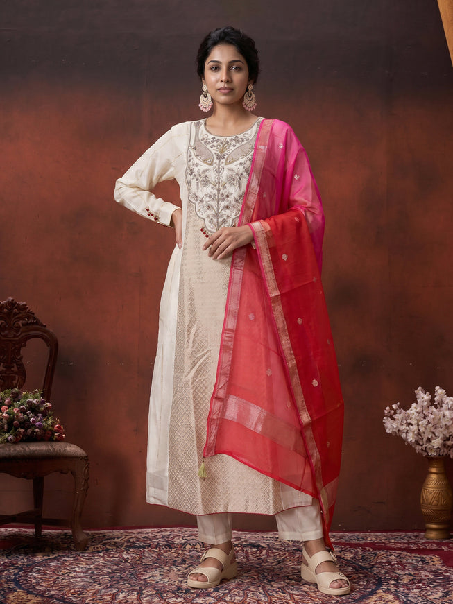 Off White-Red Pure Chanderi Anarkali Suit