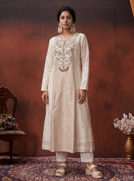 Off White-Red Pure Chanderi Anarkali Suit