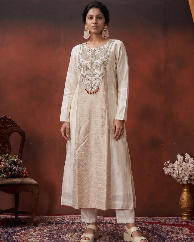 Off White-Red Pure Chanderi Anarkali Suit
