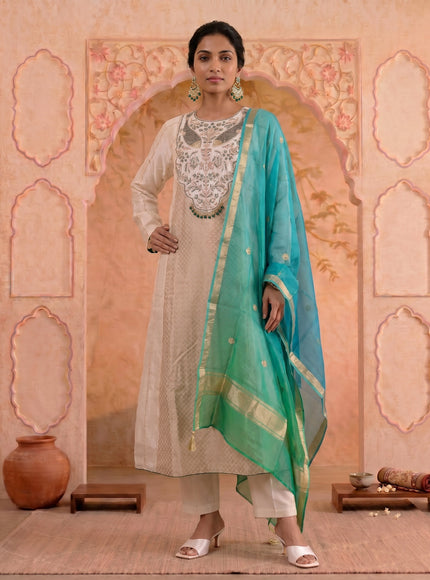 Off White-Green Pure Chanderi Anarkali Suit