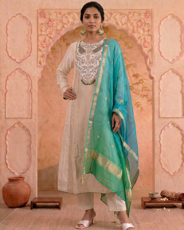 Off White-Green Pure Chanderi Anarkali Suit