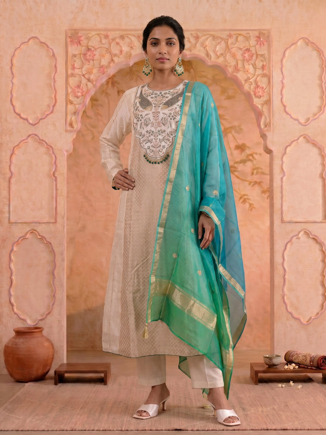 Off White-Green Pure Chanderi Anarkali Suit