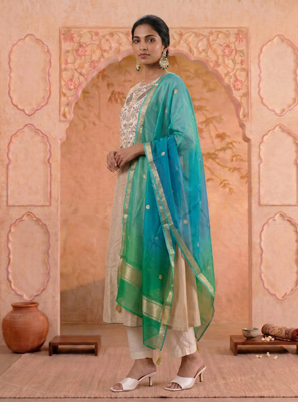 Off White-Green Pure Chanderi Anarkali Suit