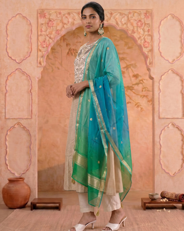 Off White-Green Pure Chanderi Anarkali Suit