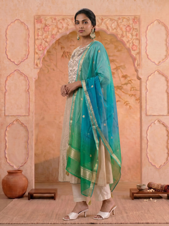 Off White-Green Pure Chanderi Anarkali Suit