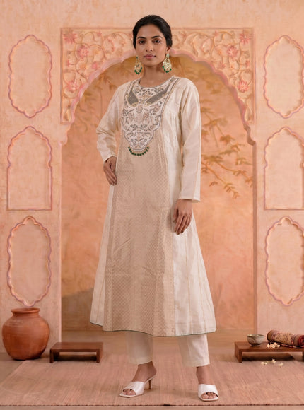 Off White-Green Pure Chanderi Anarkali Suit