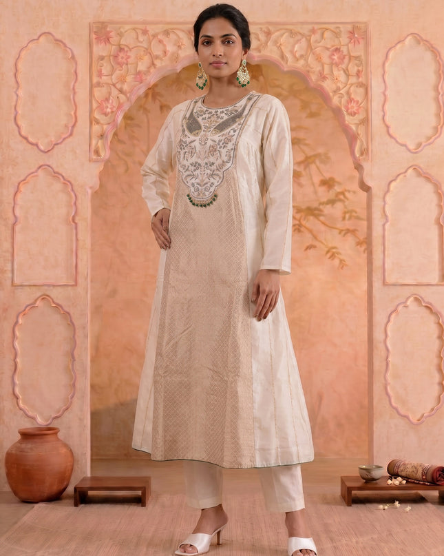 Off White-Green Pure Chanderi Anarkali Suit