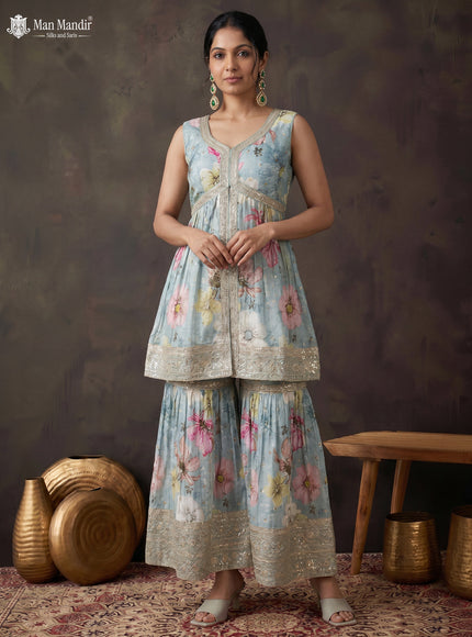 Pastel Blue Silk Sharara Silk Saree