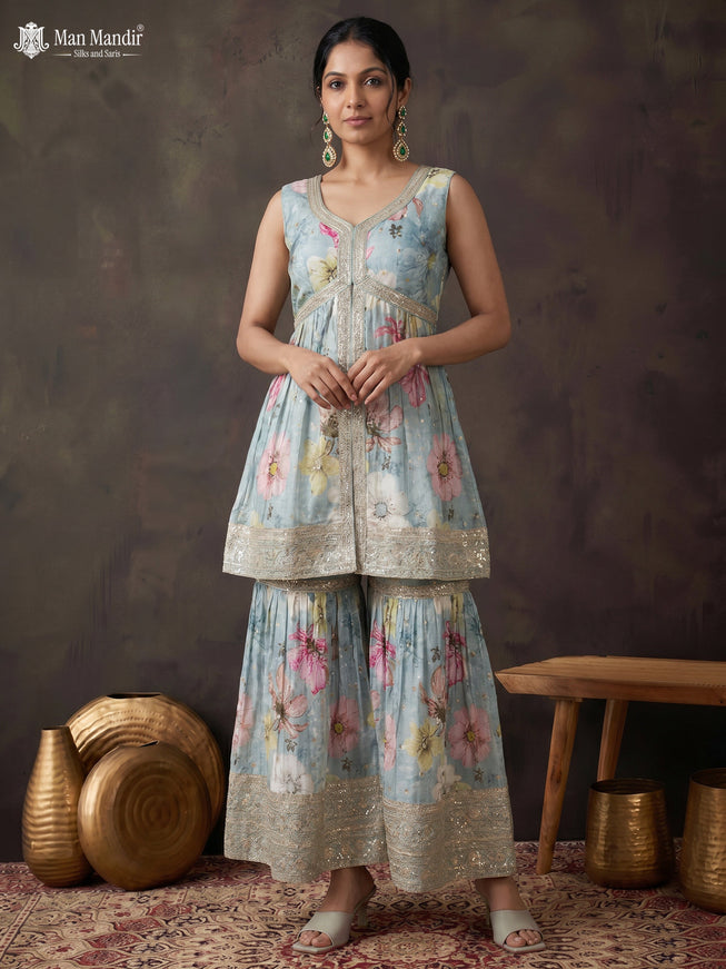 Pastel Blue Silk Sharara Silk Saree