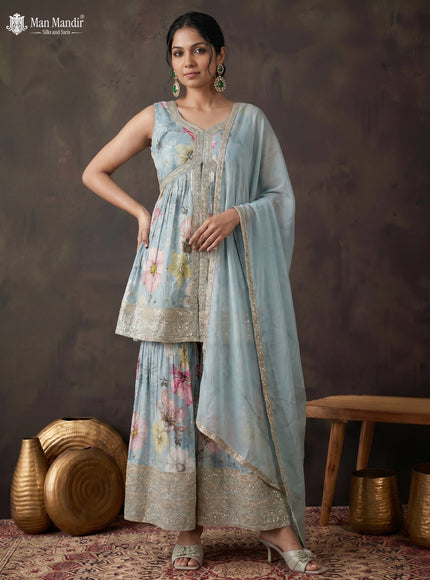 Pastel Blue Silk Sharara Silk Saree