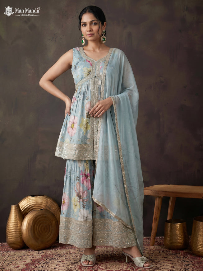 Pastel Blue Silk Sharara Silk Saree