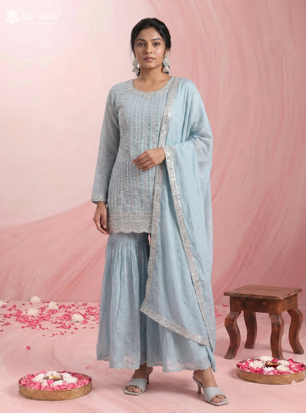 Sky Blue Silk Sharara Salwar Suit