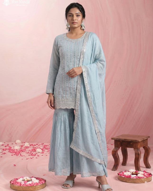Sky Blue Silk Sharara Salwar Suit