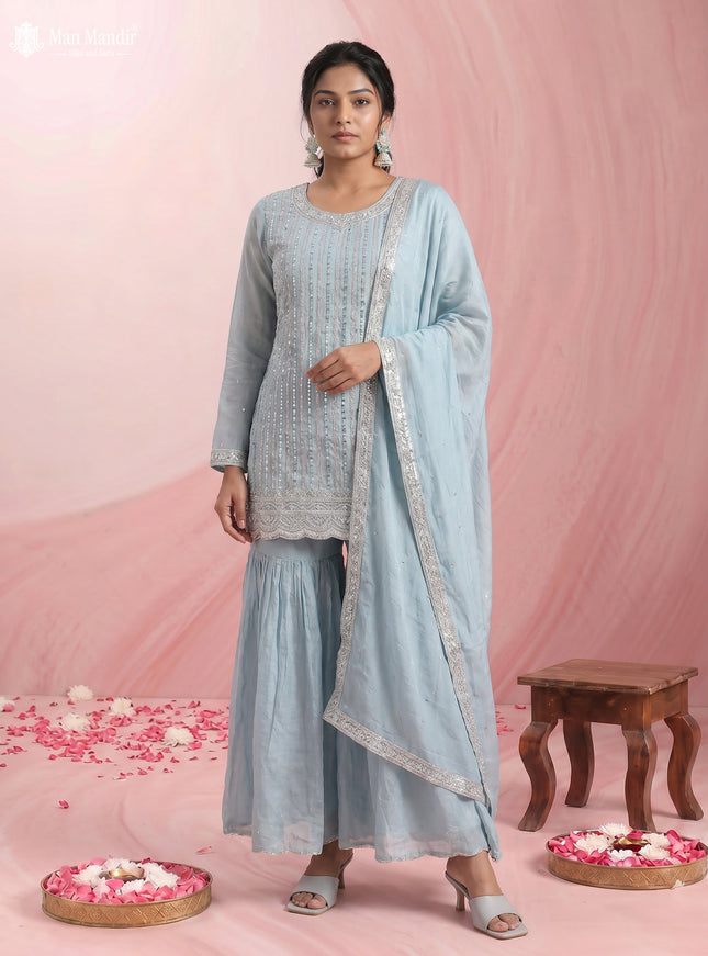 Sky Blue Silk Sharara Salwar Suit