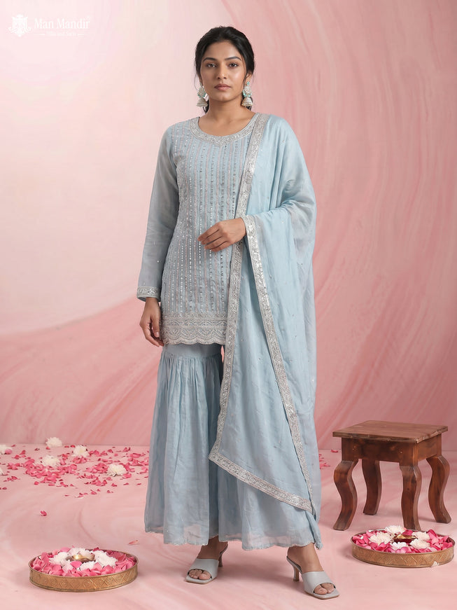 Sky Blue Silk Sharara Salwar Suit