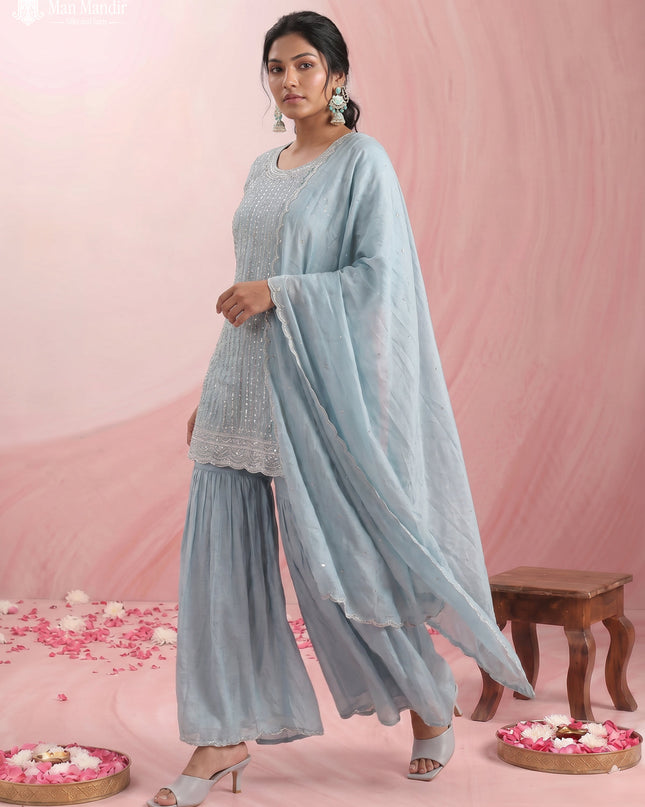 Sky Blue Silk Sharara Salwar Suit
