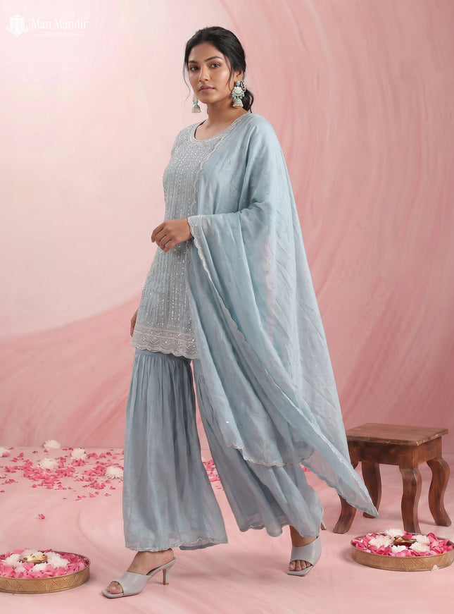 Sky Blue Silk Sharara Salwar Suit