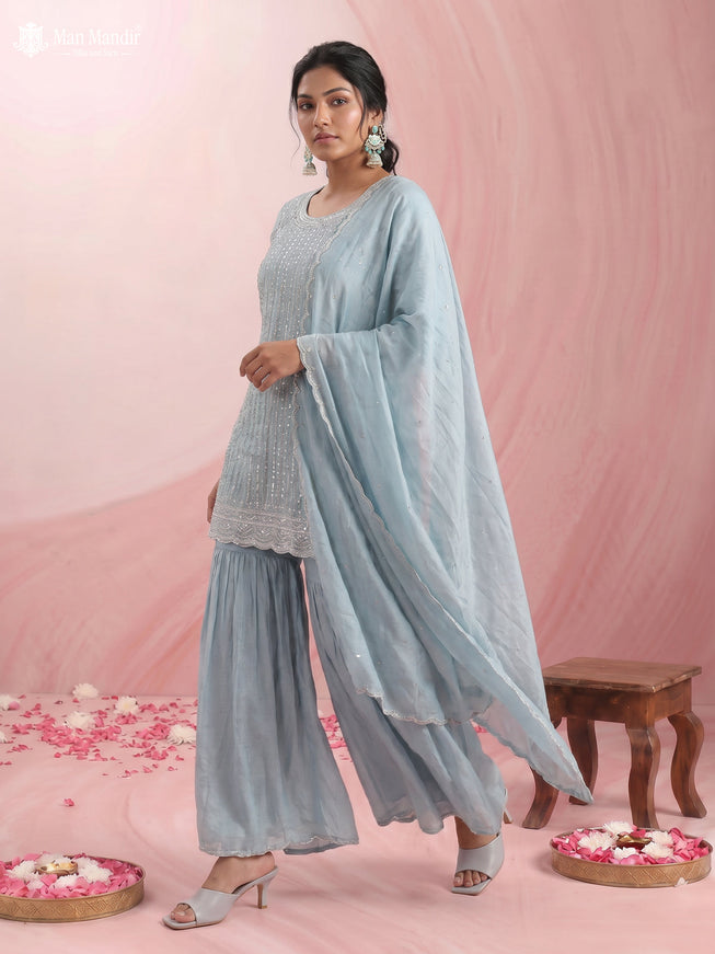 Sky Blue Silk Sharara Salwar Suit