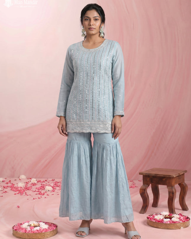 Sky Blue Silk Sharara Salwar Suit