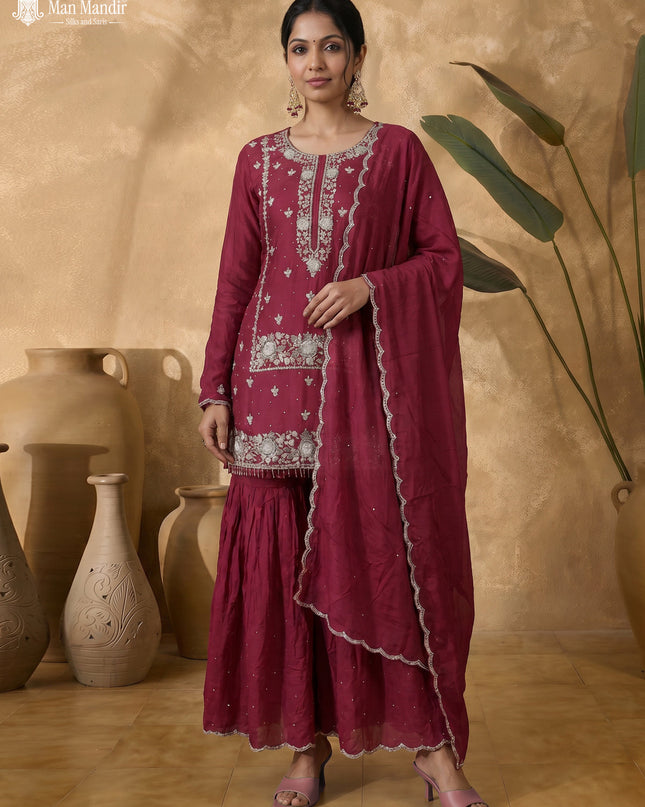 Maroon Silk Sharara Salwar Suit