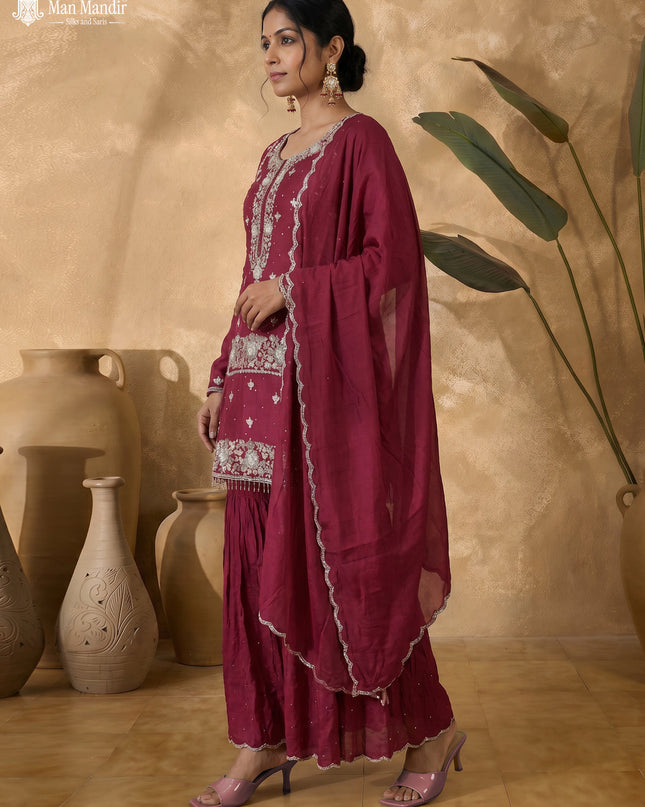 Maroon Silk Sharara Salwar Suit