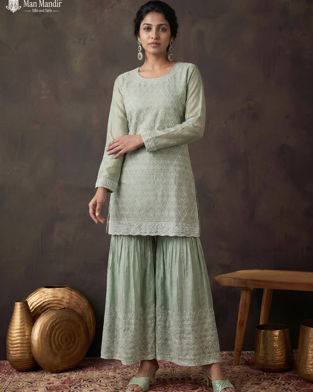 Pista Green Silk Sharara Salwar Suit