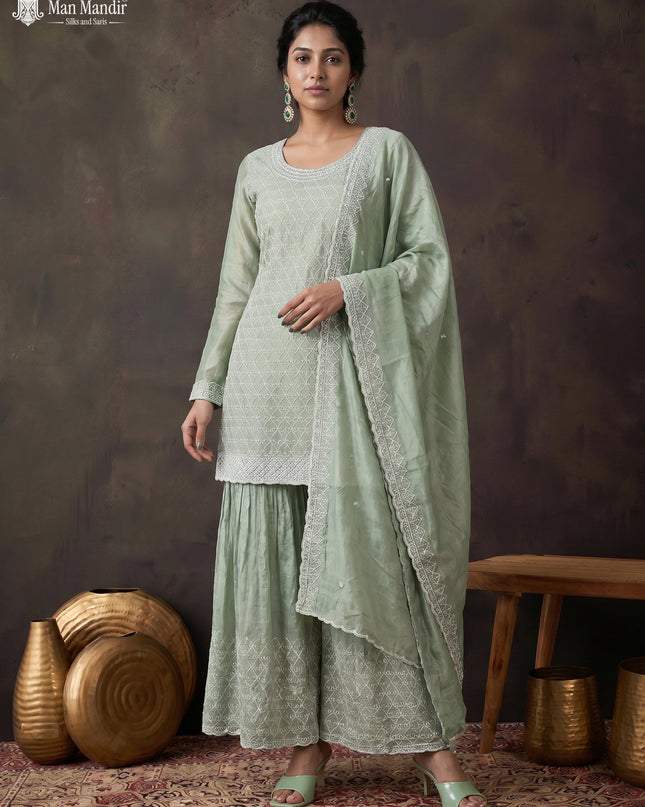 Pista Green Silk Sharara Salwar Suit