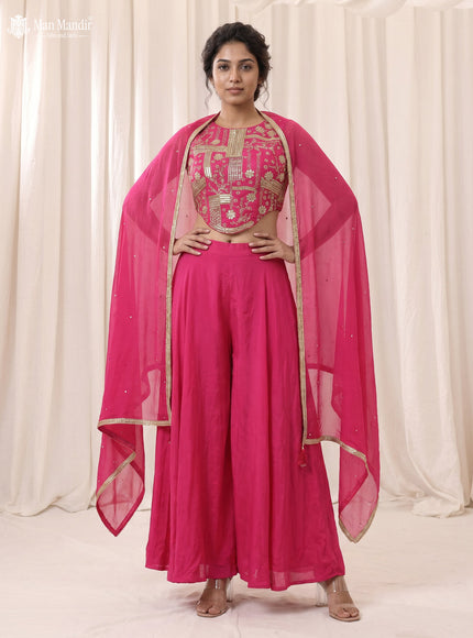 Rani Pink Raw Silk Satin Embroidered Croptop Palazzo And Netted Dupatta