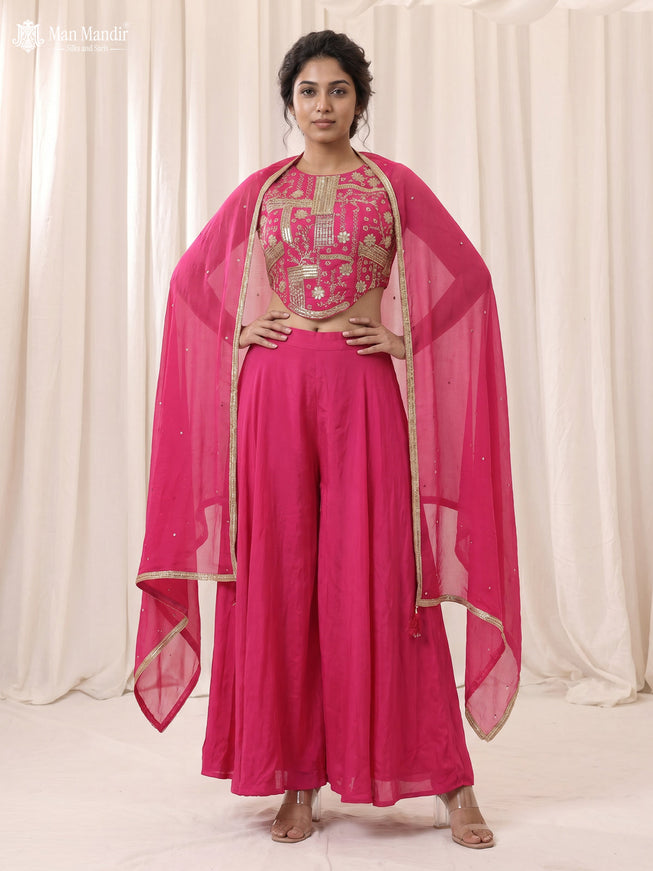 Rani Pink Raw Silk Satin Embroidered Croptop Palazzo And Netted Dupatta