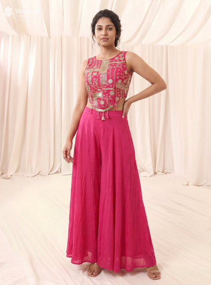 Rani Pink Raw Silk Satin Embroidered Croptop Palazzo And Netted Dupatta