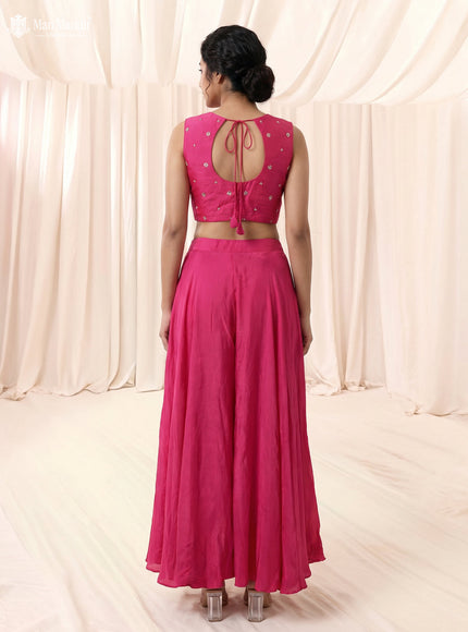 Rani Pink Raw Silk Satin Embroidered Croptop Palazzo And Netted Dupatta