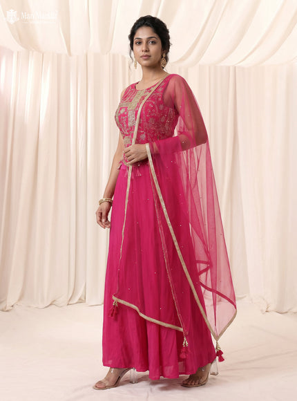Rani Pink Raw Silk Satin Embroidered Croptop Palazzo And Netted Dupatta