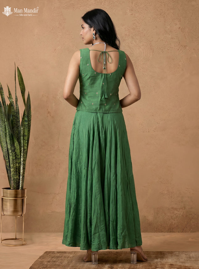 Green Raw Silk Satin Embroidered Jacket Palazzo And Netted Dupatta