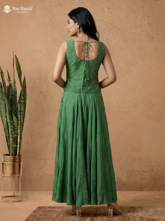 Green Raw Silk Satin Embroidered Jacket Palazzo And Netted Dupatta