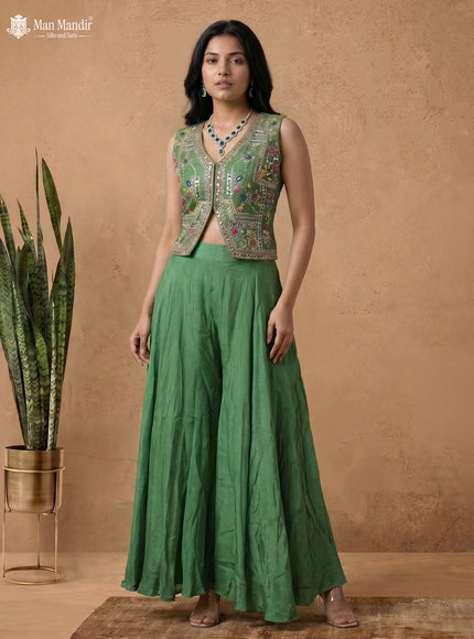 Green Raw Silk Satin Embroidered Jacket Palazzo And Netted Dupatta