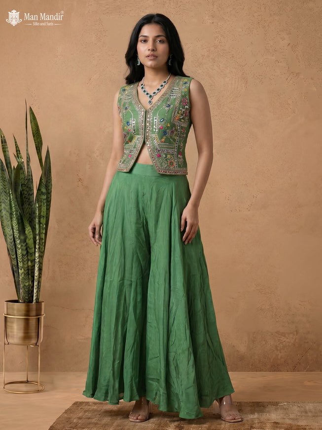 Green Raw Silk Satin Embroidered Jacket Palazzo And Netted Dupatta