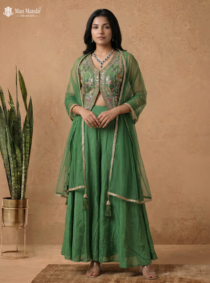 Green Raw Silk Satin Embroidered Jacket Palazzo And Netted Dupatta
