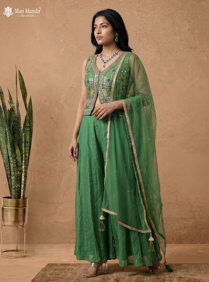 Green Raw Silk Satin Embroidered Jacket Palazzo And Netted Dupatta